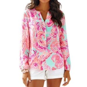 Lilly Pulitzer Stacey 100% Silk Popover Blouse Pink Love Birds XS